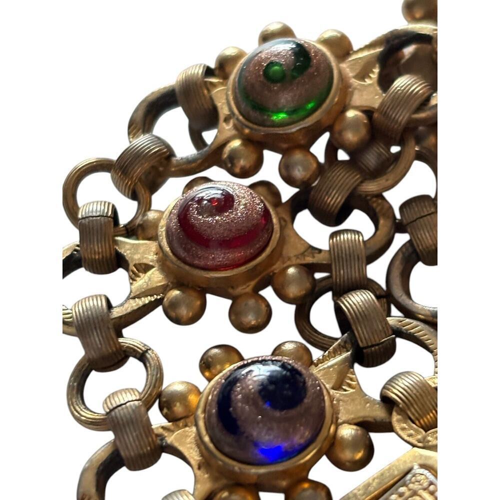 Venetian Art Glass Swirl Bracelet Wide Ornate Open Link Statement Copper - Picture 6 of 12